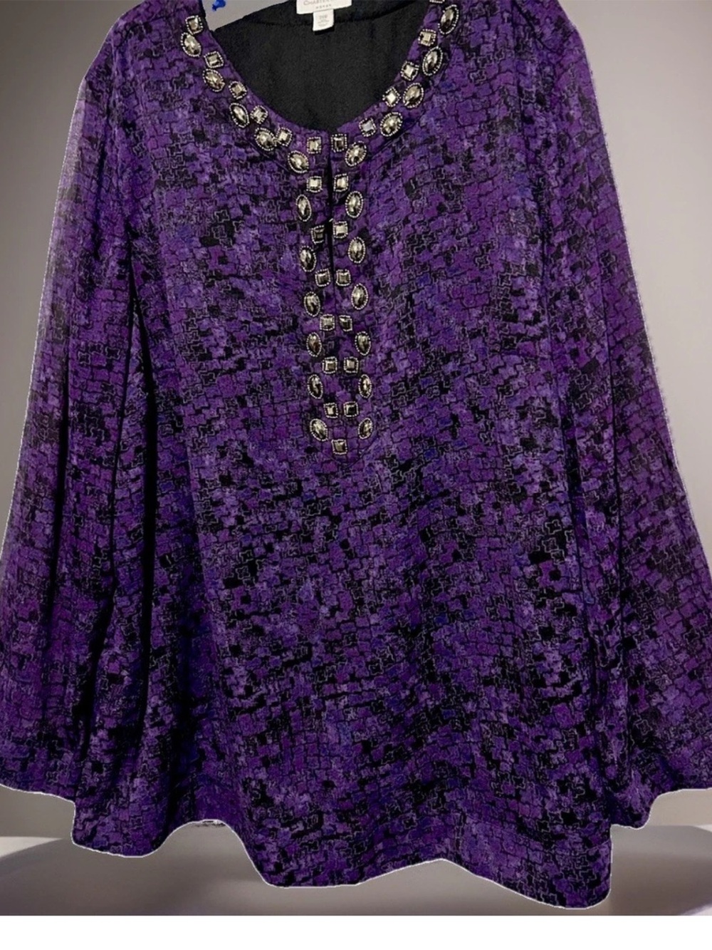 Charter Club Top 24 Purple Silky Boho Beaded Tunic Shirt Blouse Plus Size 24W